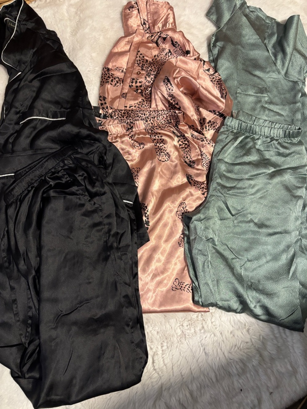 Silky Pajama Set Trio - Black, Blush Leopard, Sage